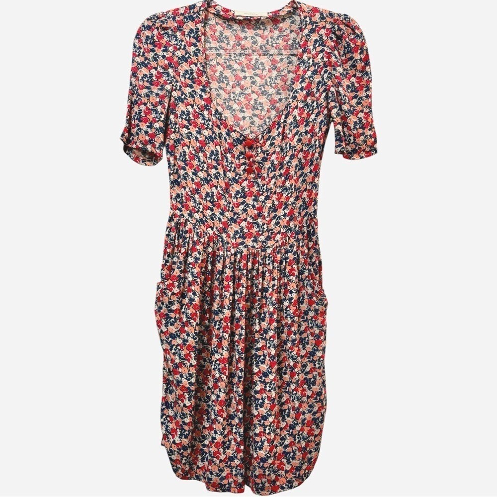 Sessun Blue / Red Poppy Floral Short Sleeve Shirt Mini Dress Size Xs